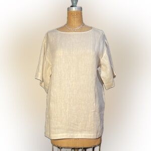 Hinson Wu Luxe Linen “Fiona” short sleeve top in flax w/MOP button detail–NWT